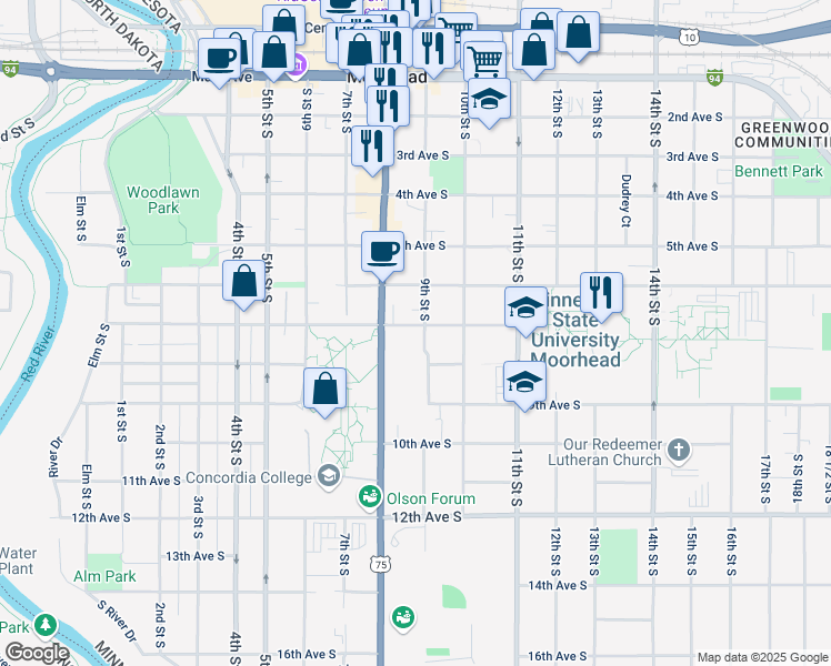 map of restaurants, bars, coffee shops, grocery stores, and more near 617 9th Street South in Moorhead