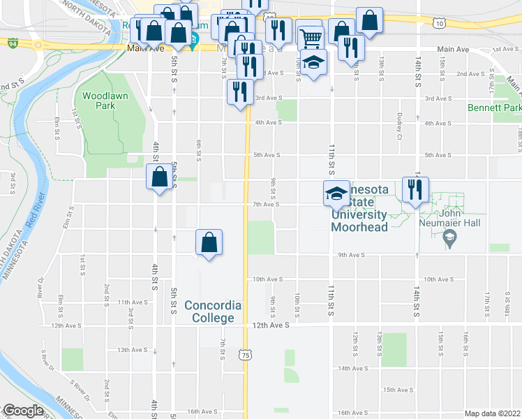 map of restaurants, bars, coffee shops, grocery stores, and more near 617 9th Street South in Moorhead