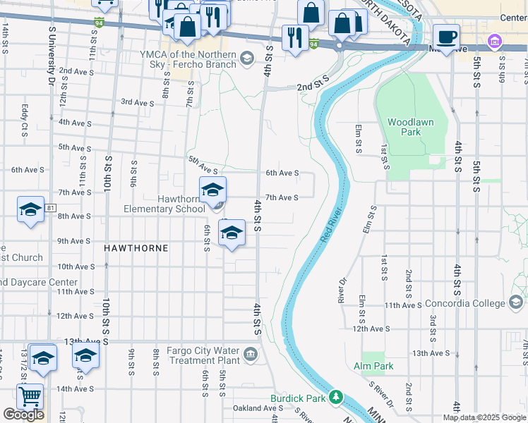 map of restaurants, bars, coffee shops, grocery stores, and more near 402 7th Avenue South in Fargo