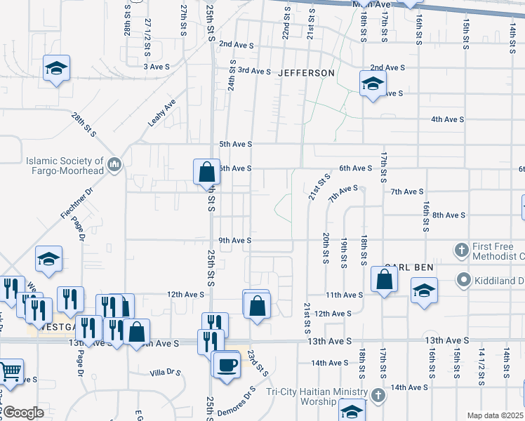 map of restaurants, bars, coffee shops, grocery stores, and more near 712 23rd Street South in Fargo