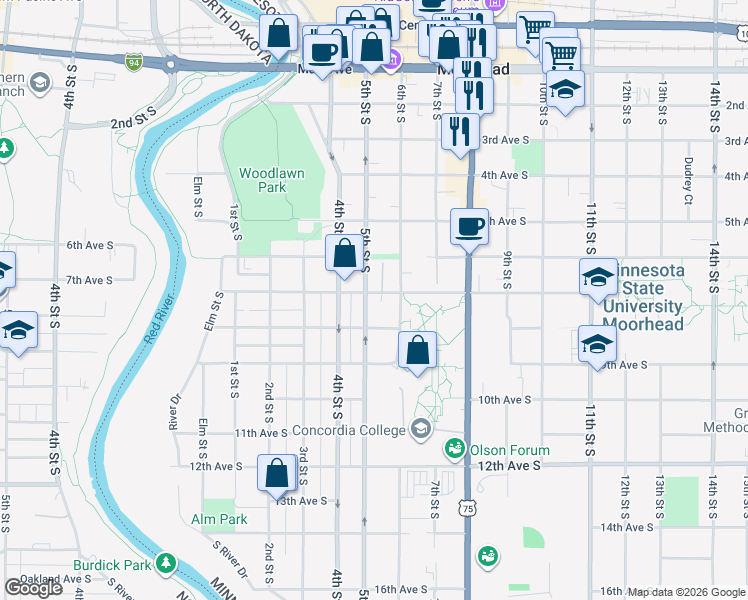 map of restaurants, bars, coffee shops, grocery stores, and more near in Moorhead