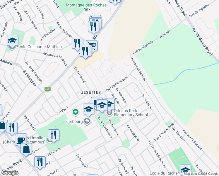 map of restaurants, bars, coffee shops, grocery stores, and more near 1175 Rue de Chamonix in Quebec
