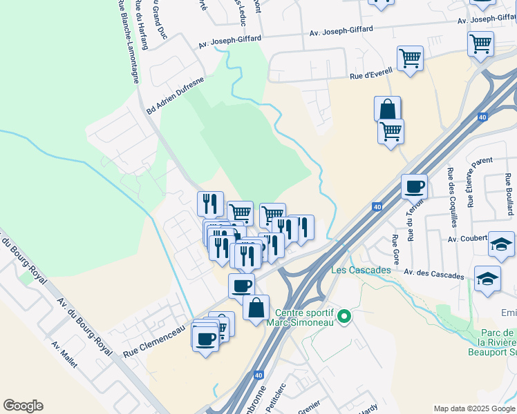 map of restaurants, bars, coffee shops, grocery stores, and more near 2080 Rue Blanche-Lamontagne in Québec