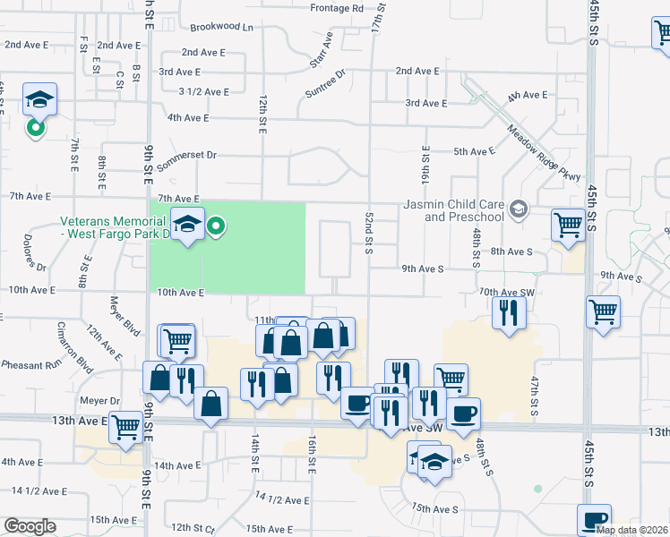 map of restaurants, bars, coffee shops, grocery stores, and more near 915 Homestead Court in West Fargo