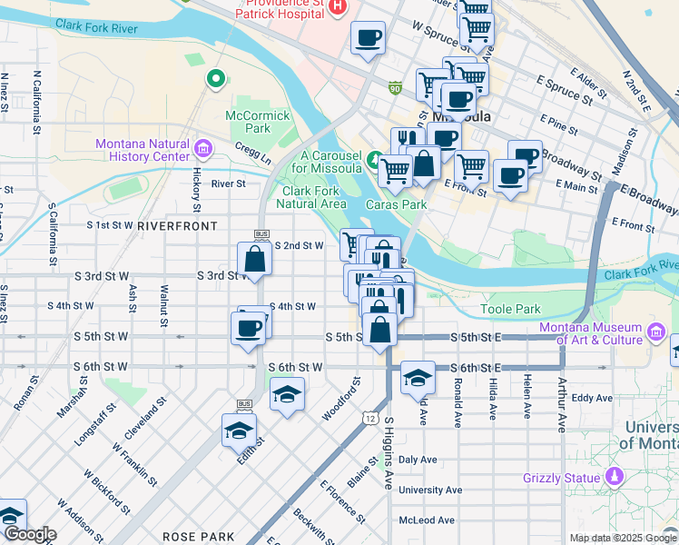 map of restaurants, bars, coffee shops, grocery stores, and more near 229 South 2nd Street West in Missoula