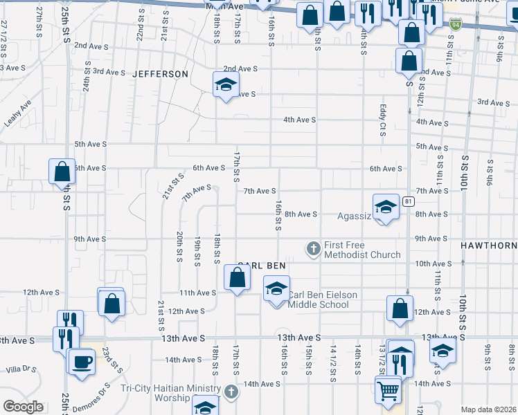 map of restaurants, bars, coffee shops, grocery stores, and more near in Fargo