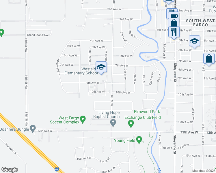 map of restaurants, bars, coffee shops, grocery stores, and more near 801-899 8th Street West in West Fargo