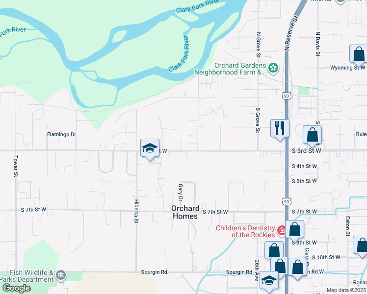 map of restaurants, bars, coffee shops, grocery stores, and more near 2816 South 3rd Street West in Missoula