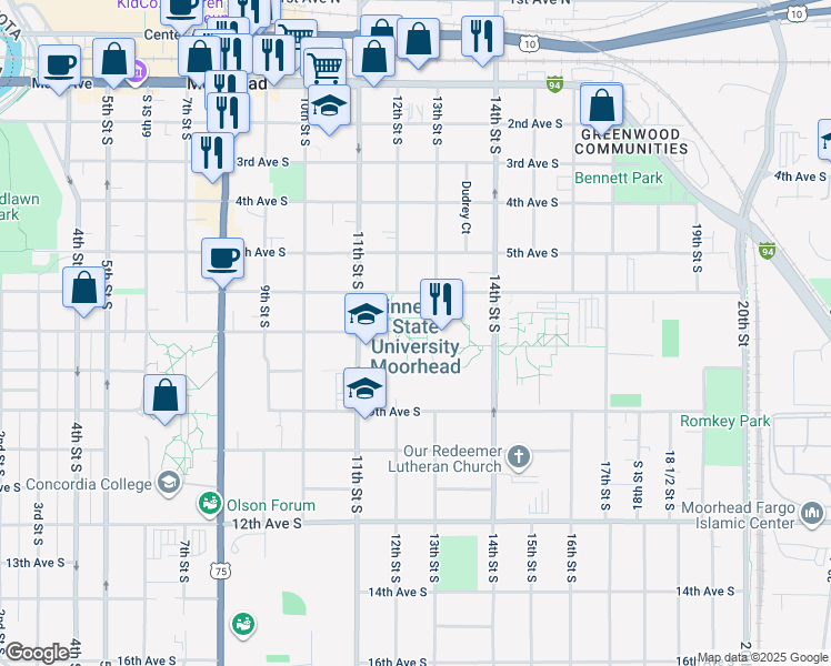 map of restaurants, bars, coffee shops, grocery stores, and more near 1104 7th Avenue South in Moorhead