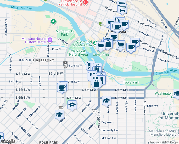 map of restaurants, bars, coffee shops, grocery stores, and more near 200 South 3rd Street West in Missoula