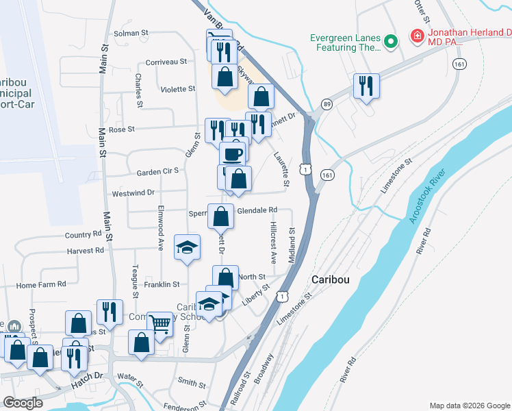 map of restaurants, bars, coffee shops, grocery stores, and more near 20 Glendale Road in Caribou