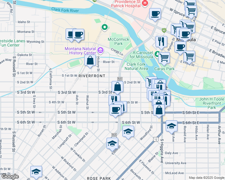 map of restaurants, bars, coffee shops, grocery stores, and more near in Missoula