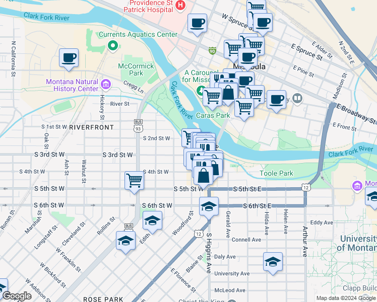 map of restaurants, bars, coffee shops, grocery stores, and more near 250 Station Drive in Missoula