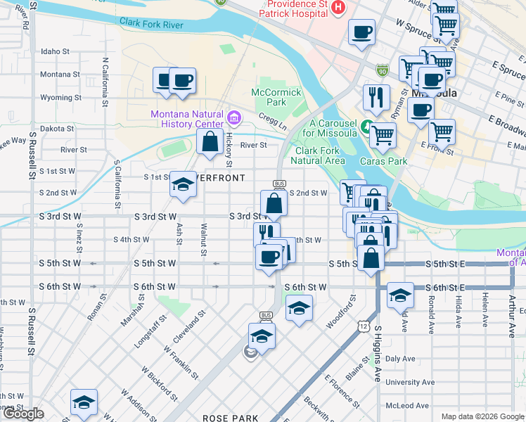 map of restaurants, bars, coffee shops, grocery stores, and more near in Missoula