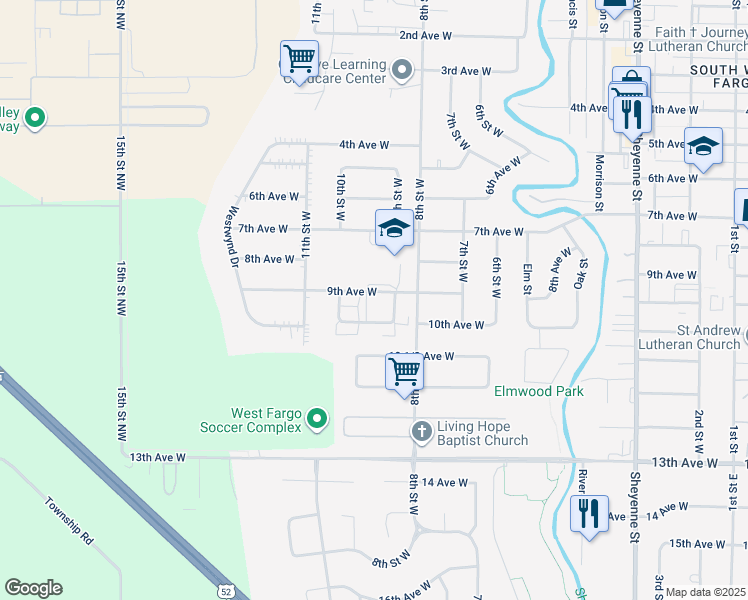 map of restaurants, bars, coffee shops, grocery stores, and more near 911 9th Avenue West in West Fargo