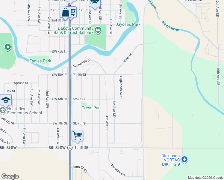 map of restaurants, bars, coffee shops, grocery stores, and more near 604 5th Avenue Southeast in Dickinson