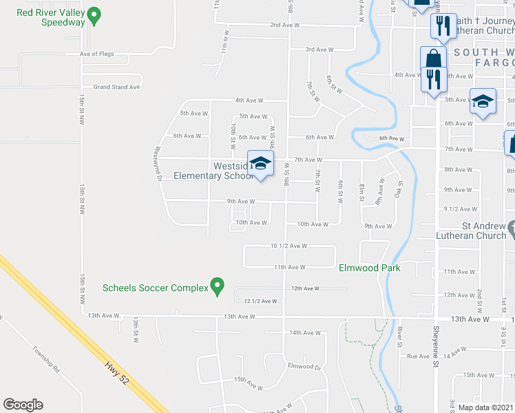 map of restaurants, bars, coffee shops, grocery stores, and more near 911 9th Avenue West in West Fargo