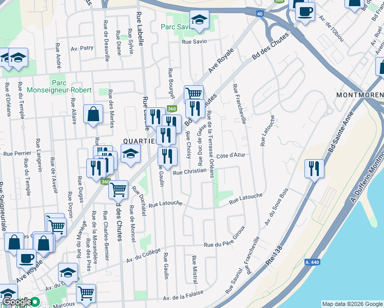 map of restaurants, bars, coffee shops, grocery stores, and more near 29 Rue Choisy in Ville de Québec