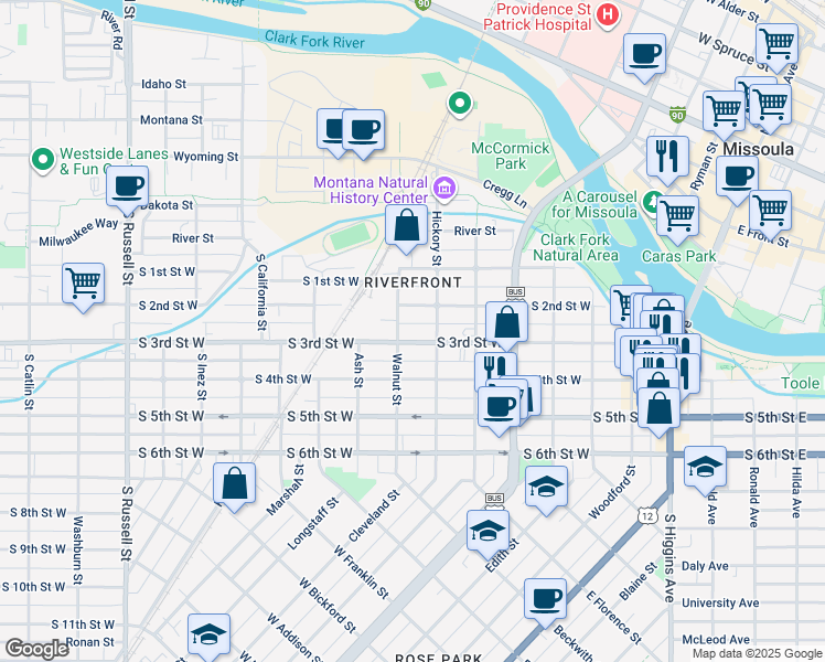map of restaurants, bars, coffee shops, grocery stores, and more near 728 South 3rd Street West in Missoula
