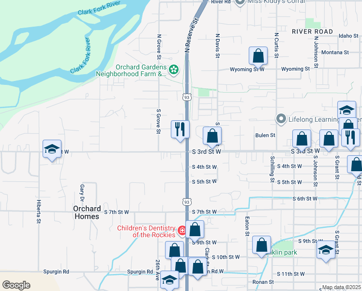 map of restaurants, bars, coffee shops, grocery stores, and more near 2520 South 3rd Street West in Missoula