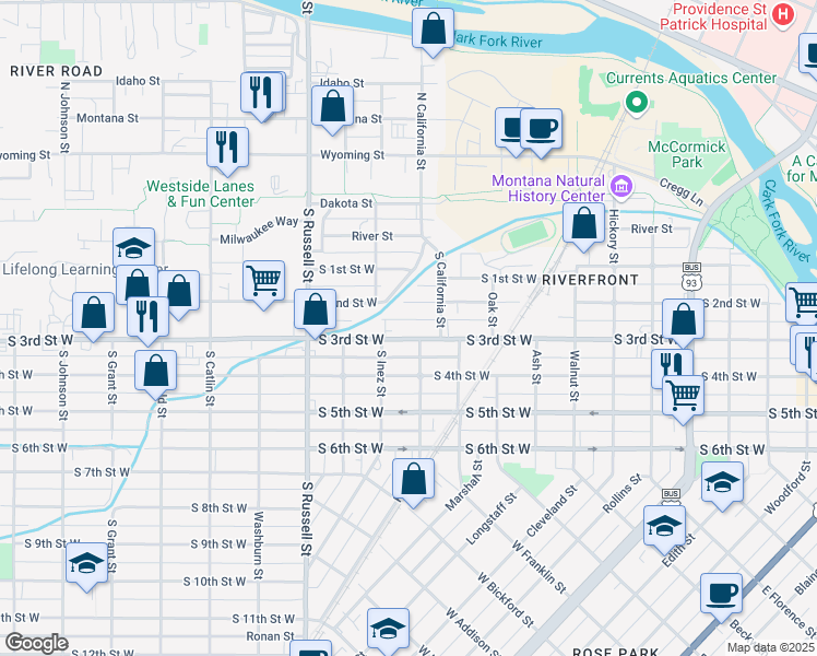 map of restaurants, bars, coffee shops, grocery stores, and more near 1241 South 2nd Street West in Missoula