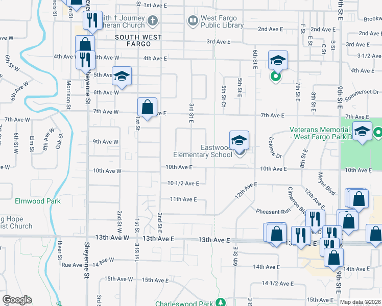 map of restaurants, bars, coffee shops, grocery stores, and more near 3rd Street East in West Fargo