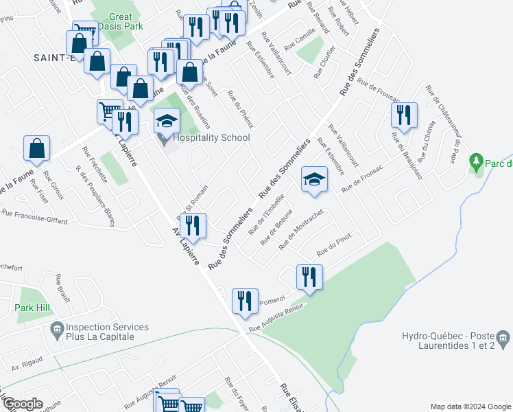 map of restaurants, bars, coffee shops, grocery stores, and more near 6211 Rue des Sommeliers in Ville de Québec