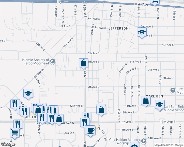 map of restaurants, bars, coffee shops, grocery stores, and more near 2400 5th Avenue South in Fargo