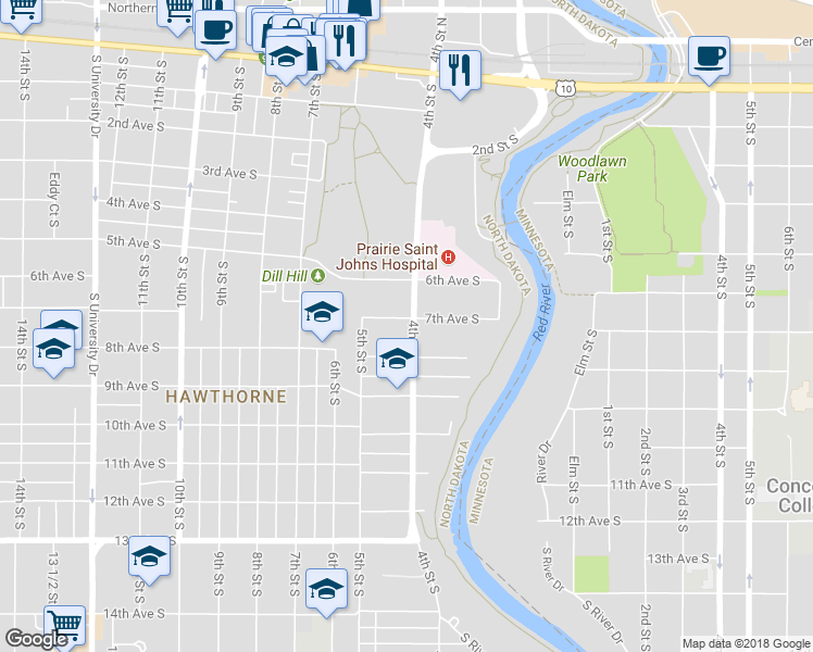 map of restaurants, bars, coffee shops, grocery stores, and more near 402 7th Avenue South in Fargo