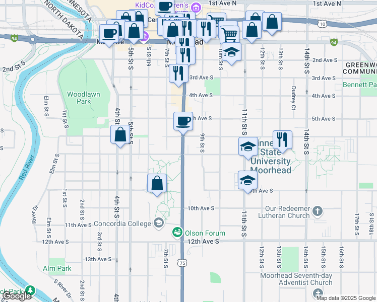 map of restaurants, bars, coffee shops, grocery stores, and more near 624 8th Street South in Moorhead