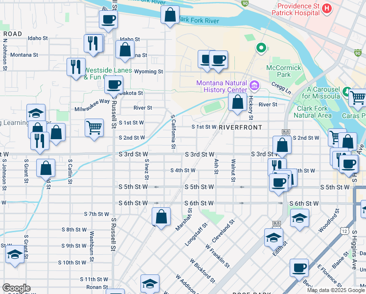 map of restaurants, bars, coffee shops, grocery stores, and more near 413 Oak Street in Missoula