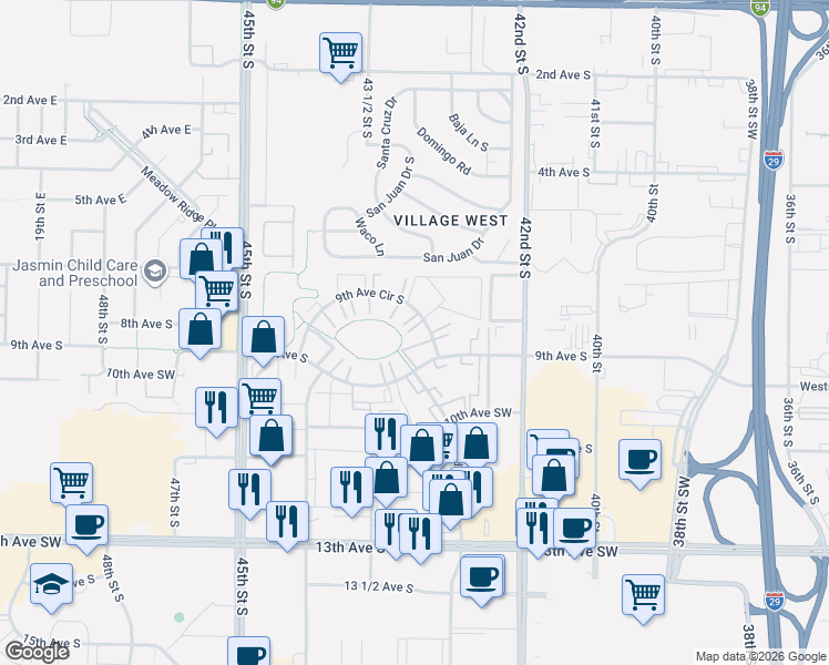 map of restaurants, bars, coffee shops, grocery stores, and more near 4234 9th Avenue Circle South in Fargo