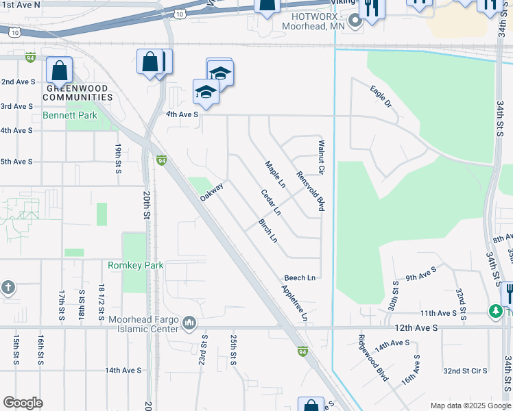 map of restaurants, bars, coffee shops, grocery stores, and more near 530 Birch Lane in Moorhead