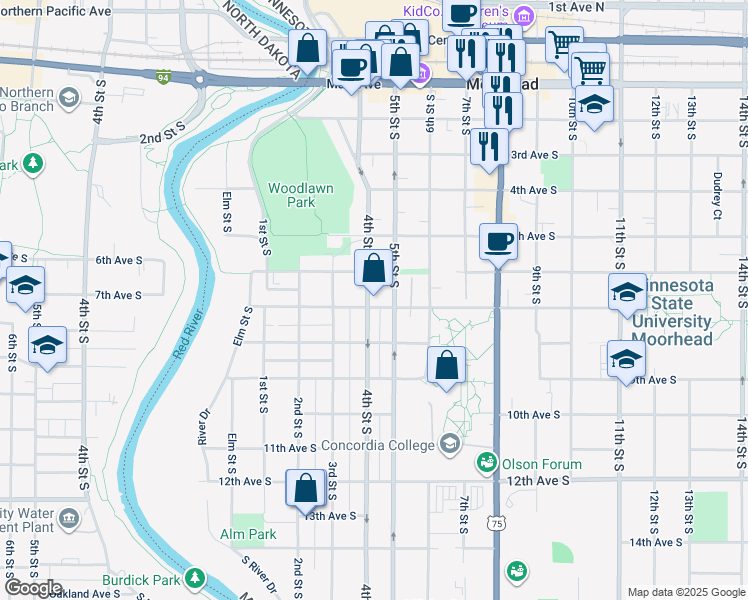 map of restaurants, bars, coffee shops, grocery stores, and more near Highway 10 East in Moorhead