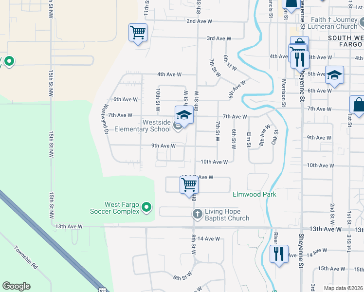 map of restaurants, bars, coffee shops, grocery stores, and more near 926 9th Avenue West in West Fargo