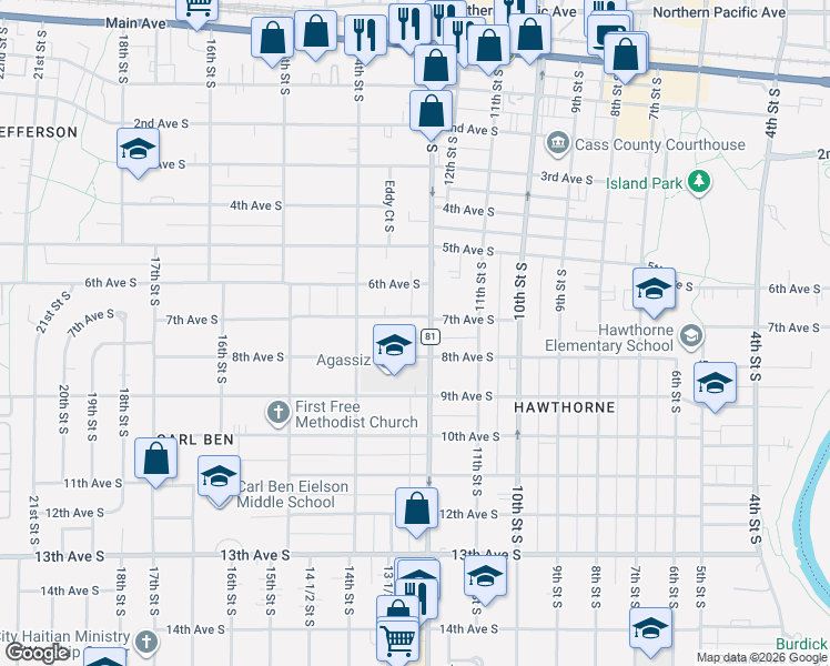 map of restaurants, bars, coffee shops, grocery stores, and more near 711 South University Drive in Fargo