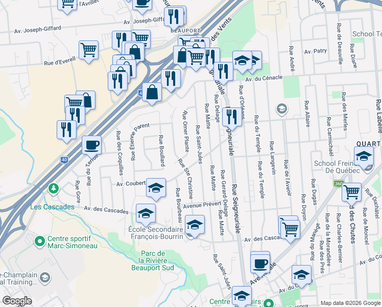 map of restaurants, bars, coffee shops, grocery stores, and more near 138 Rue Omer Plante in Québec