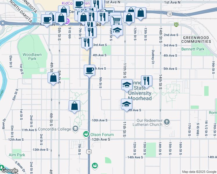 map of restaurants, bars, coffee shops, grocery stores, and more near 619 10th Street South in Moorhead