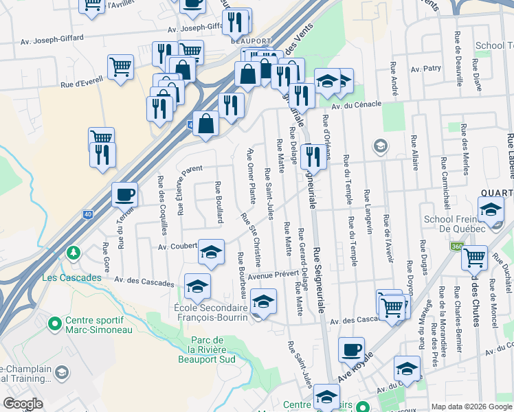 map of restaurants, bars, coffee shops, grocery stores, and more near 138 Rue Omer Plante in Québec