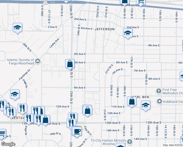 map of restaurants, bars, coffee shops, grocery stores, and more near 712 23rd Street South in Fargo