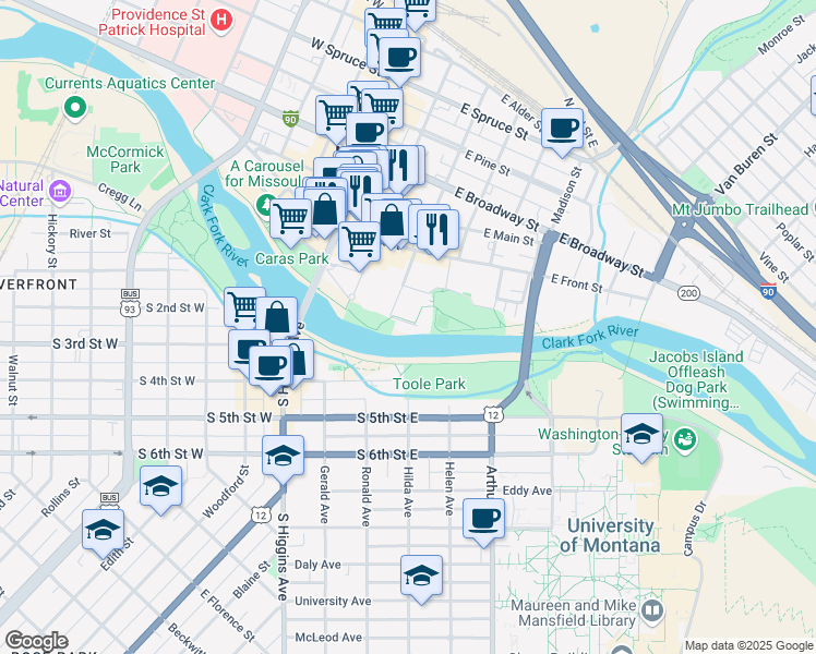 map of restaurants, bars, coffee shops, grocery stores, and more near 323 Levasseur Street in Missoula