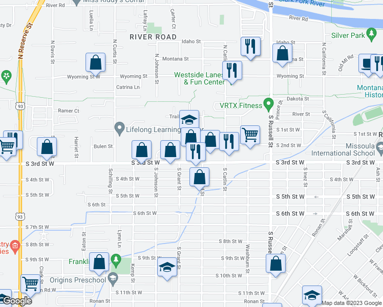 map of restaurants, bars, coffee shops, grocery stores, and more near 1855 South 3rd Street West in Missoula