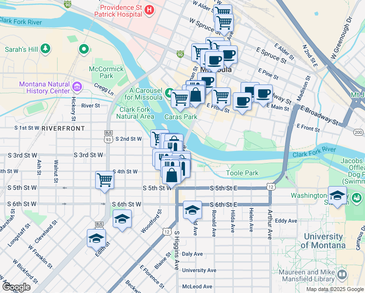 map of restaurants, bars, coffee shops, grocery stores, and more near 183 South Higgins Avenue in Missoula