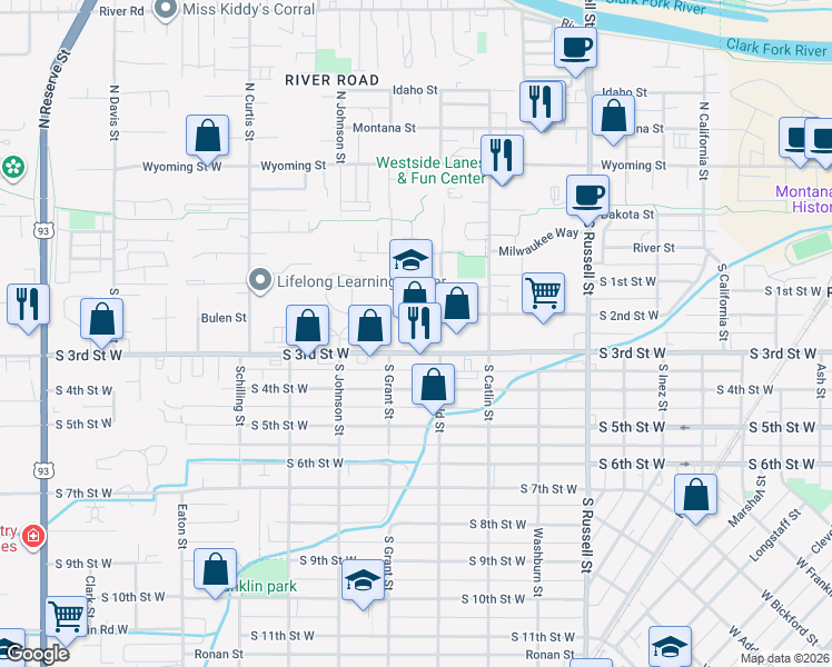 map of restaurants, bars, coffee shops, grocery stores, and more near 1820 South 3rd Street West in Missoula
