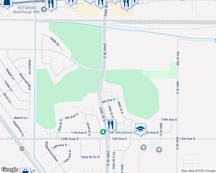 map of restaurants, bars, coffee shops, grocery stores, and more near 3550 8th Avenue South in Moorhead