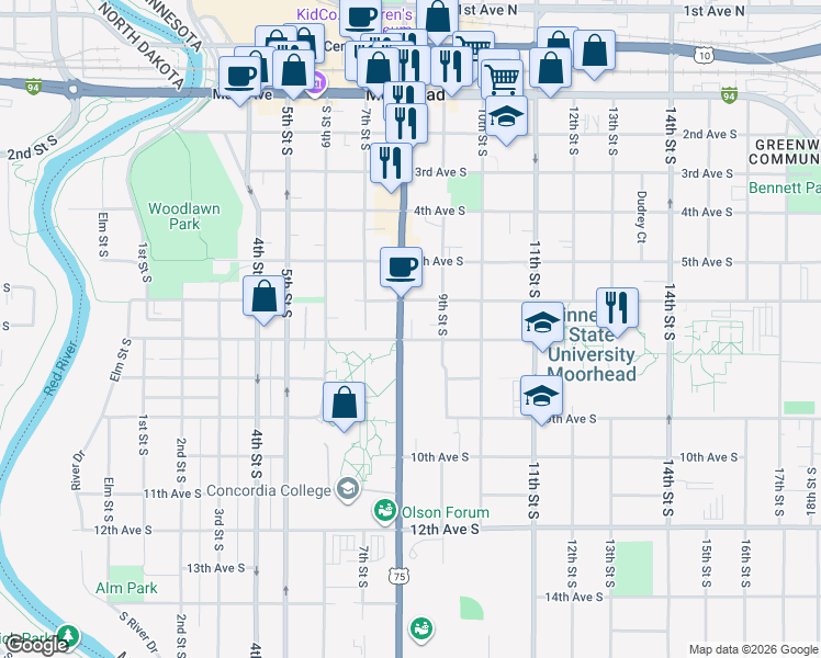map of restaurants, bars, coffee shops, grocery stores, and more near 624 8th Street South in Moorhead