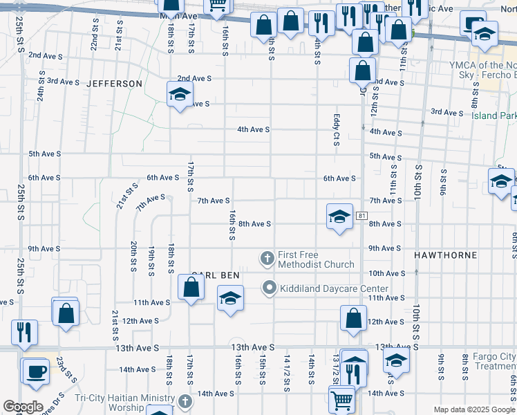 map of restaurants, bars, coffee shops, grocery stores, and more near 1530 7th Avenue South in Fargo