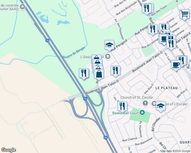 map of restaurants, bars, coffee shops, grocery stores, and more near 1750 Rue du Périgord in Québec