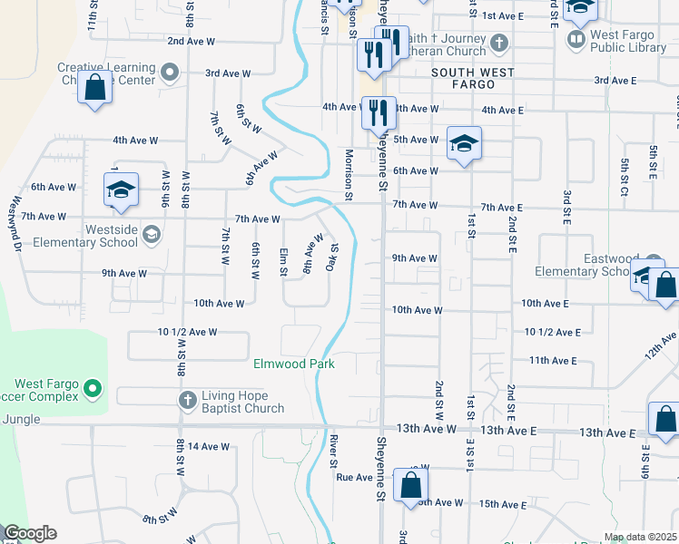 map of restaurants, bars, coffee shops, grocery stores, and more near 831 Oak St in West Fargo