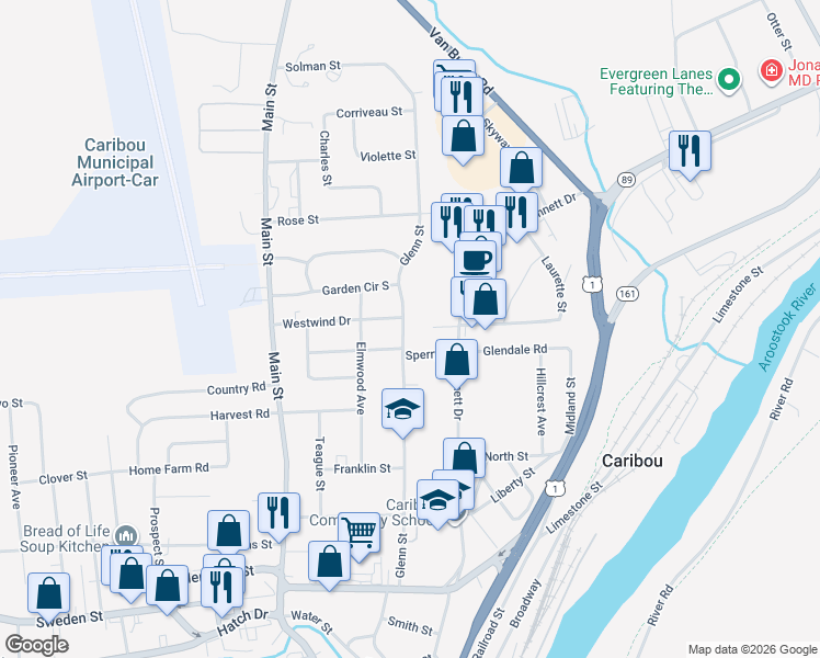 map of restaurants, bars, coffee shops, grocery stores, and more near 101 Glenn Street in Caribou